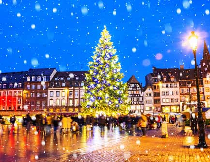 FRANCE STRASBOURG Christmas tree and xmas market at Kleber Square at night in medieval city of Strasbourg capital of Noel Alsace France